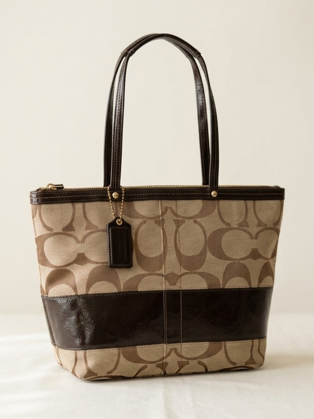 Coach Vintage Y2K Signature Stripe Patent Leather Tote Bag 12429 Chocolate Brown